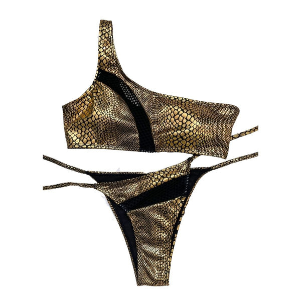 Traje de baño bikini con un hombro al descubierto y diseño de patchwork con estampado de piel de serpiente 