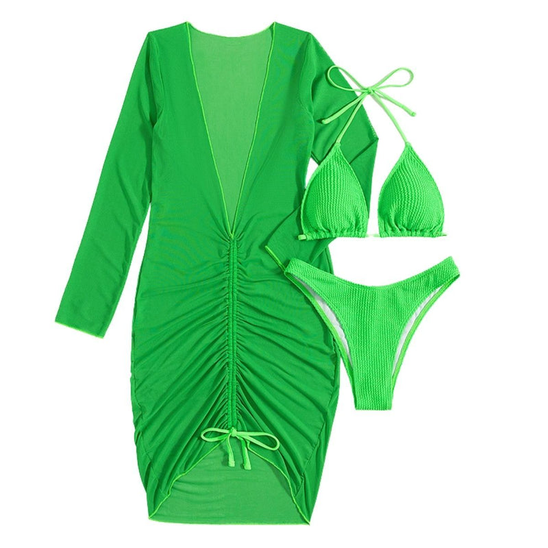 Maillot de bain 3 pièces dos nu à manches longues et cordon de serrage en maille 