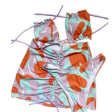 Traje de baño de 3 piezas con espalda descubierta, acolchado, estampado en contraste y cordón ajustable 