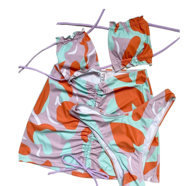 Maillot de bain 3 pièces dos nu rembourré avec cordon de serrage et imprimé contrasté 
