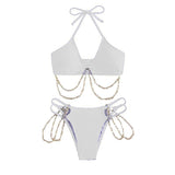 Traje de baño bikini con cuello halter, hueco, acolchado y cadena de metal, con lazo automático 
