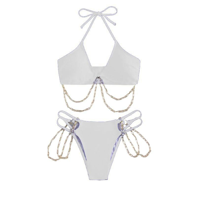 Traje de baño bikini con cuello halter, hueco, acolchado y cadena de metal, con lazo automático 