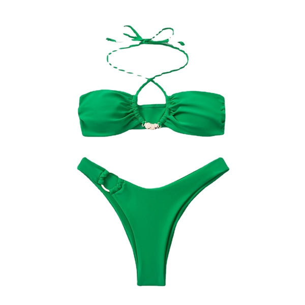 Traje de baño bikini con cuello halter, aro en forma de O sólido, lazo autoadherente, apliques metálicos 
