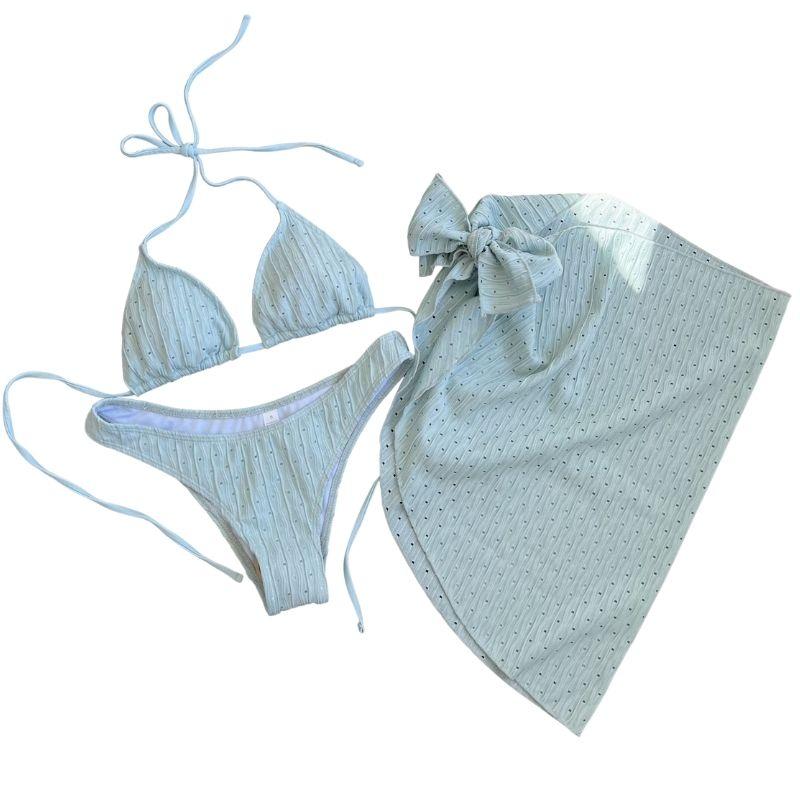 Maillot de bain 3 pièces à nouer et à licou texturé uni 