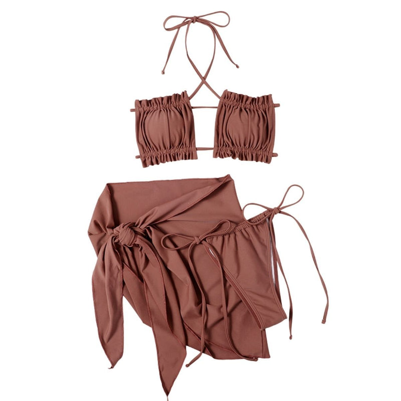 Traje de baño de tres piezas con cuello halter fruncido y lazo, liso, sin espalda 