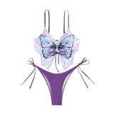 Maillot de bain bikini à motif papillon avec cordon de serrage contrasté et noué à la taille 