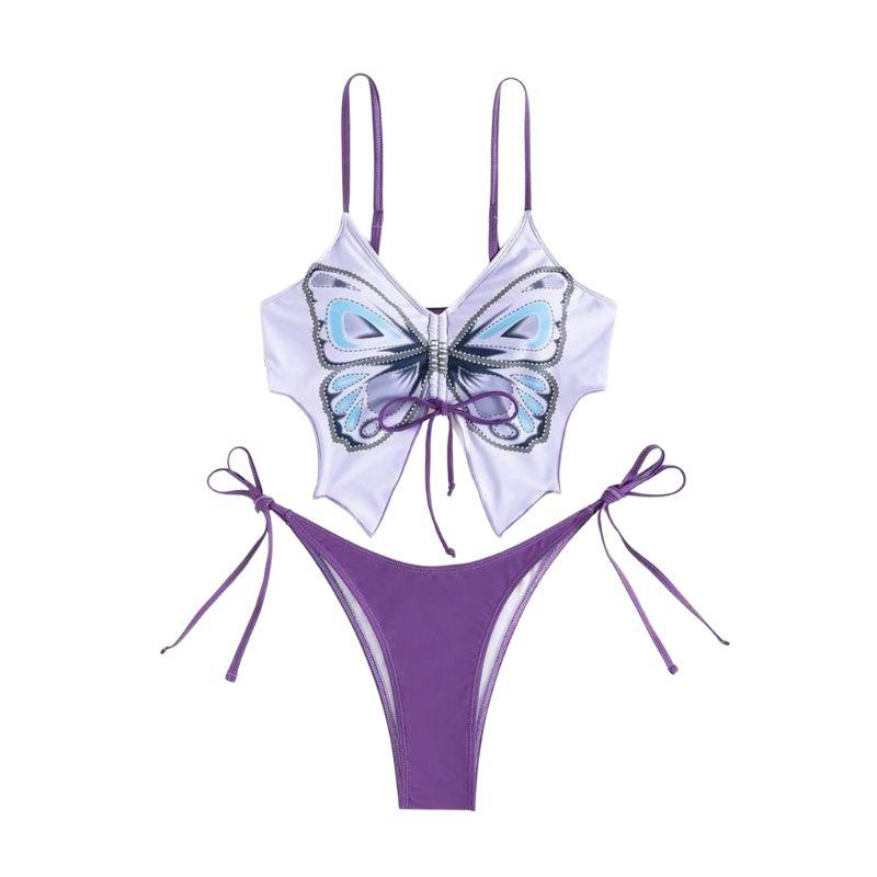 Maillot de bain bikini à motif papillon avec cordon de serrage contrasté et noué à la taille 