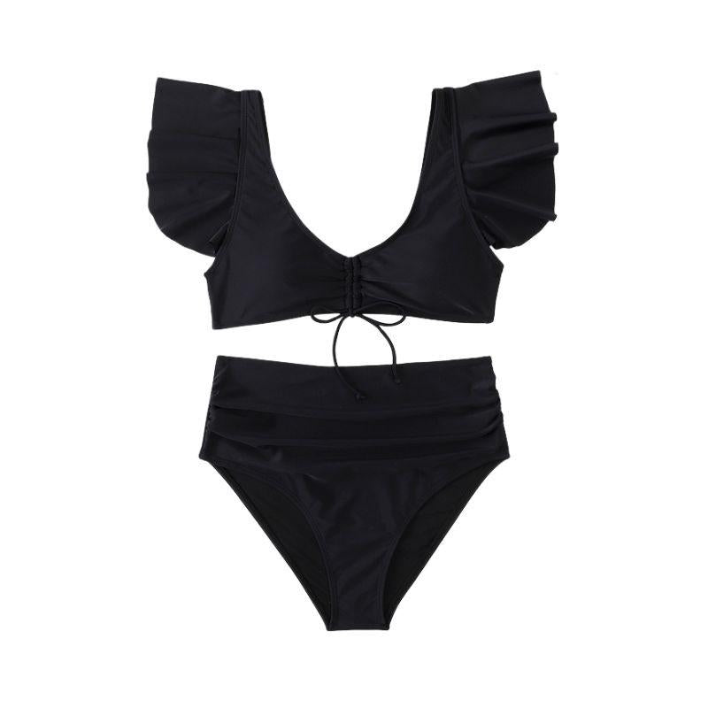 Traje de baño bikini fruncido liso con cordón ajustable y mangas cortas con volantes acolchados 