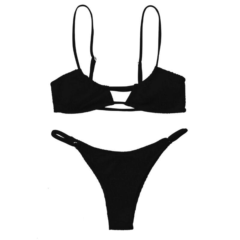 Traje de baño de bikini de tirantes finos con textura sólida y hueco 