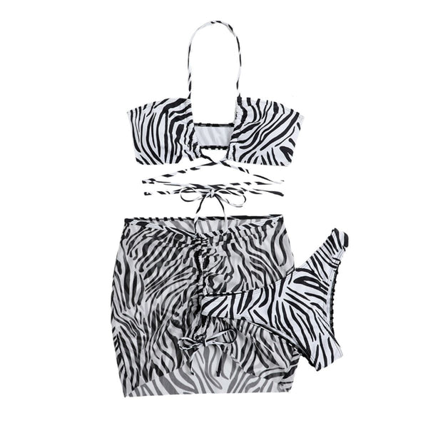 Traje de baño de 3 piezas con cuello halter, cordón ajustable y malla con estampado de cebra 