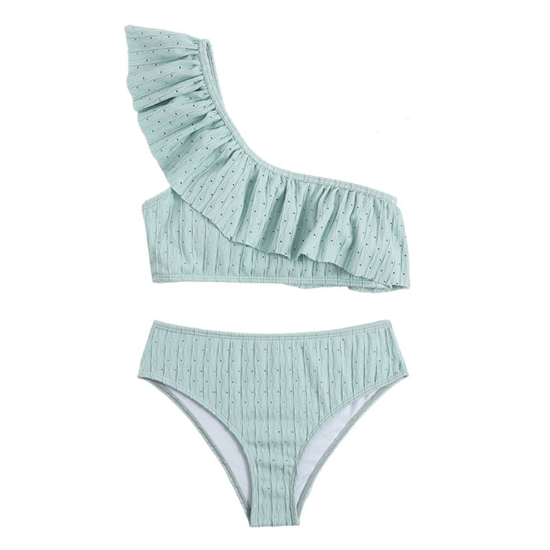 Traje de baño bikini texturizado de un solo hombro con volantes lisos 