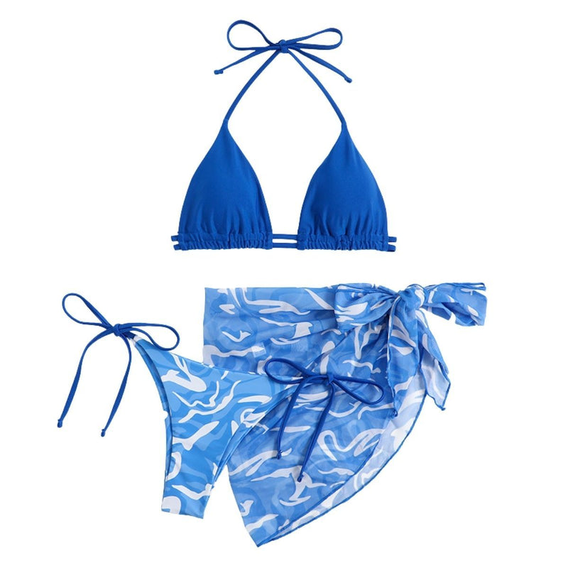 Maillot de bain 3 pièces en maille dos nu à imprimé contrasté ondulé 