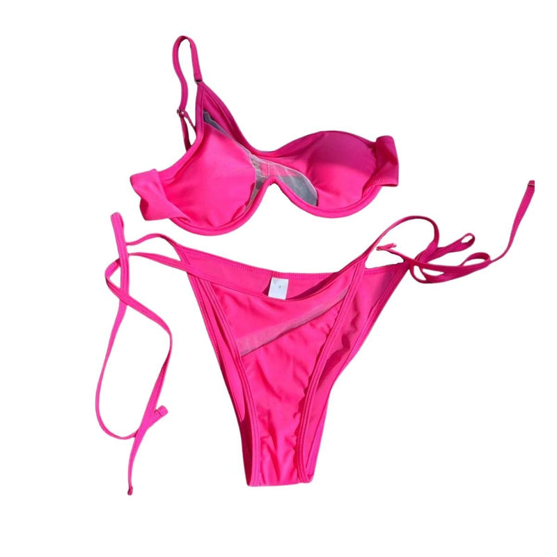 Maillot de bain bikini à une épaule en patchwork de maille avec boutons et nœuds 