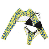Maillot de bain 3 pièces à imprimé léopard, manches longues et dos nu contrasté 
