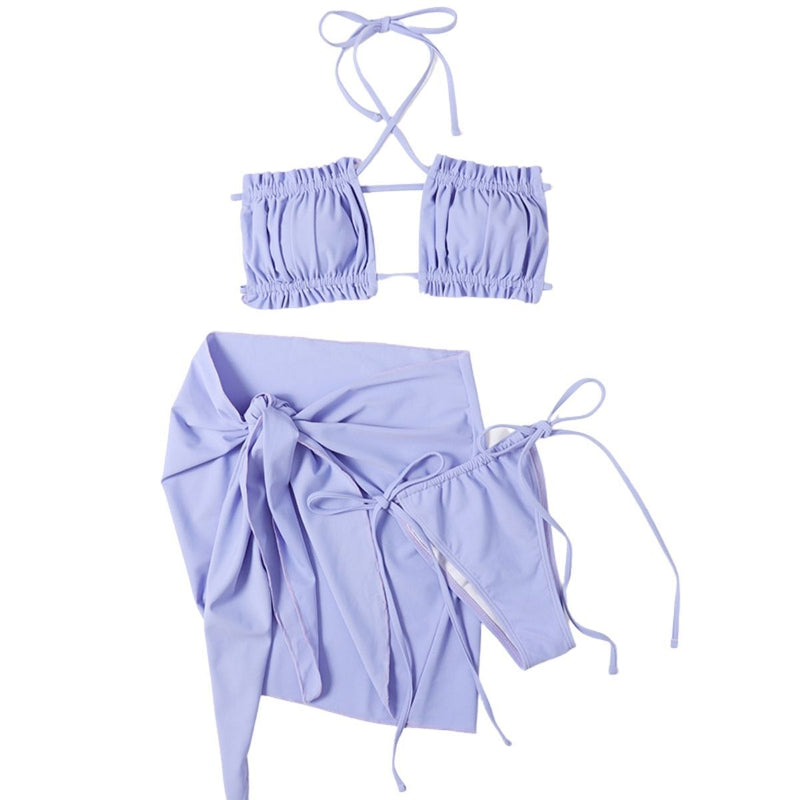 Traje de baño de tres piezas con cuello halter fruncido y lazo, liso, sin espalda 