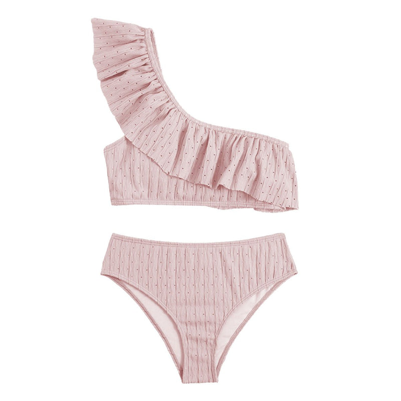 Traje de baño bikini texturizado de un solo hombro con volantes lisos 