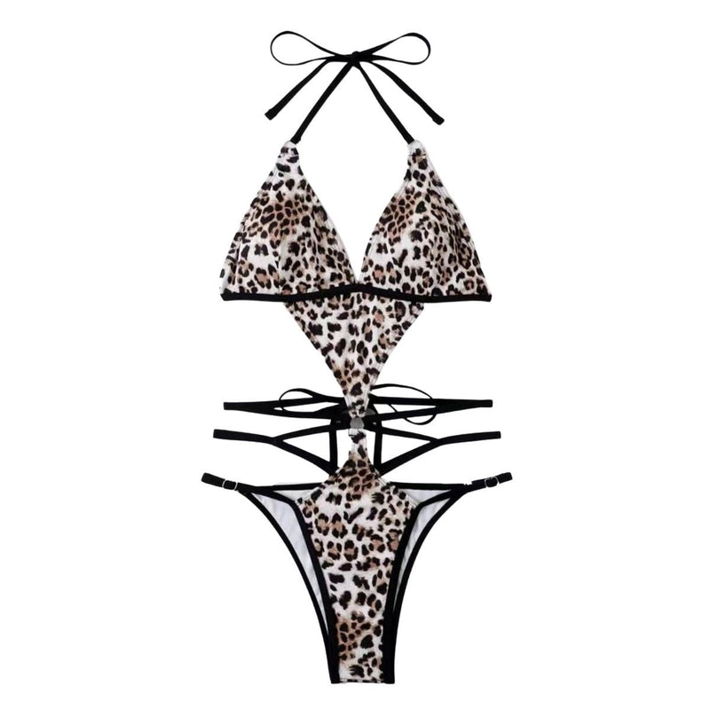 Traje de baño bikini con espalda descubierta, acolchado y estampado de leopardo en contraste 
