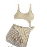 Maillot de bain 3 pièces en maille solide avec cordon de serrage et col en U 