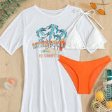 Maillot de bain 3 pièces à manches courtes, imprimé contrasté, licou et noué à la taille 