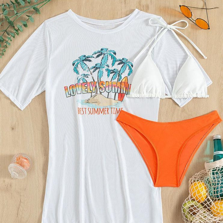 Maillot de bain 3 pièces à manches courtes, imprimé contrasté, licou et noué à la taille 