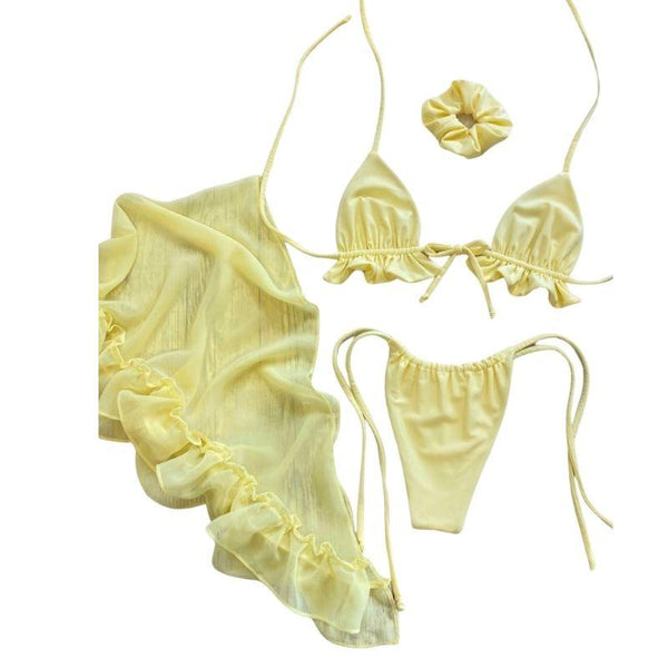 Maillot de bain 3 pièces en maille unie avec licou et liens à nouer 