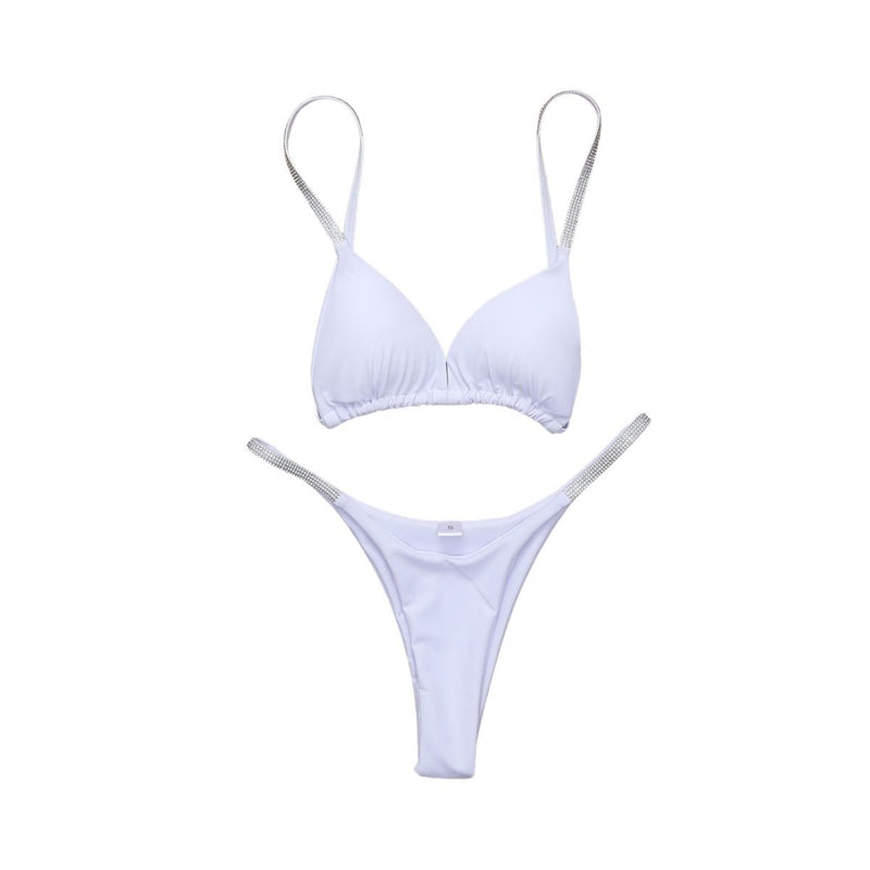 Traje de baño bikini liso sin espalda con cuentas y lazo 