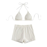 Textured halter solid self tie backless pant bikini swimwear