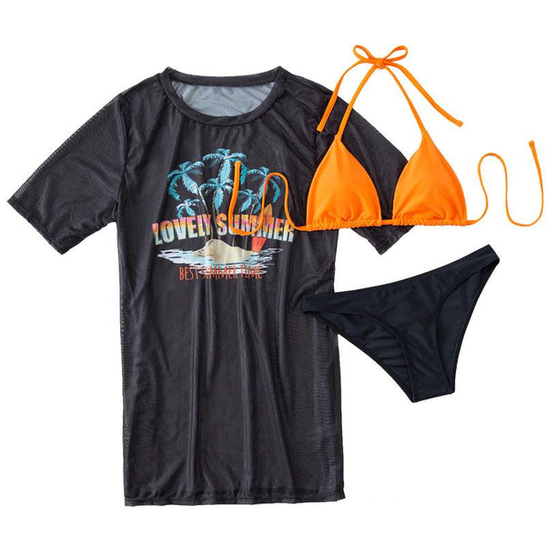 Maillot de bain 3 pièces à manches courtes, imprimé contrasté, licou et noué à la taille 