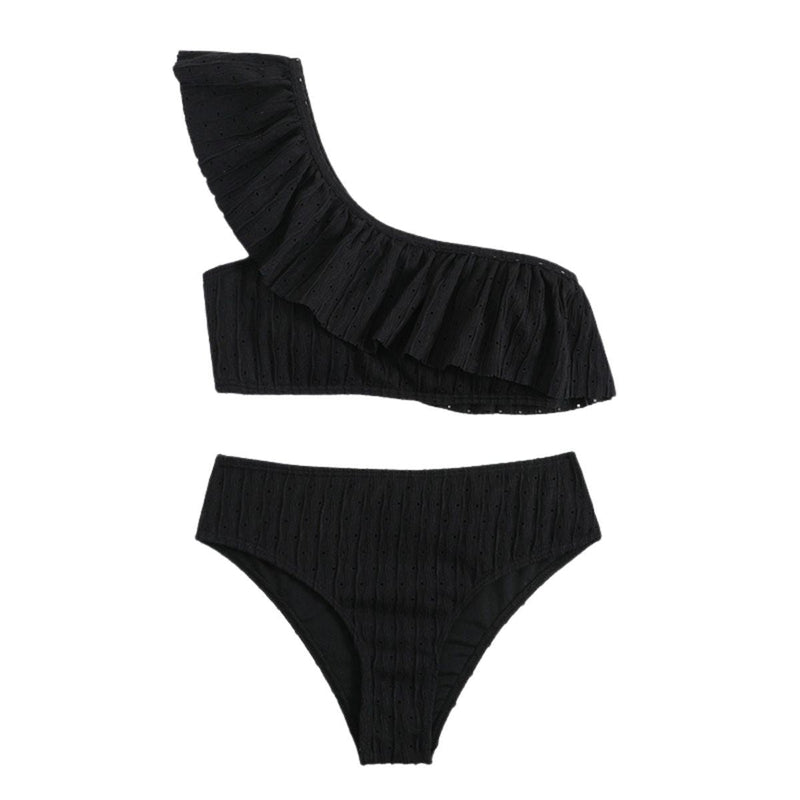 Traje de baño bikini texturizado de un solo hombro con volantes lisos 