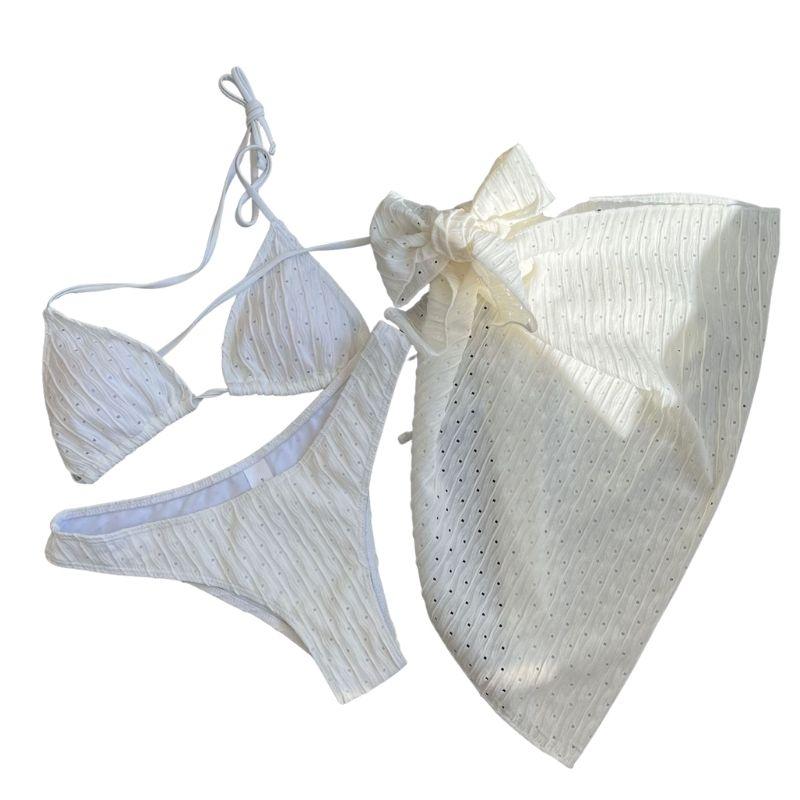 Maillot de bain 3 pièces à nouer et à licou texturé uni 
