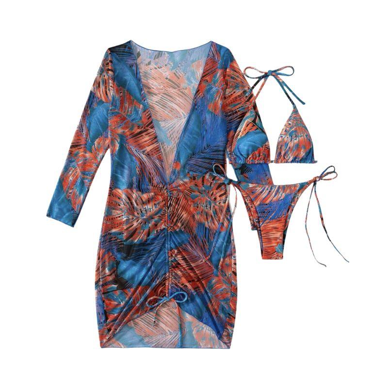 Maillot de bain 3 pièces à manches longues et col licou avec cordon de serrage en maille et imprimé contrasté 
