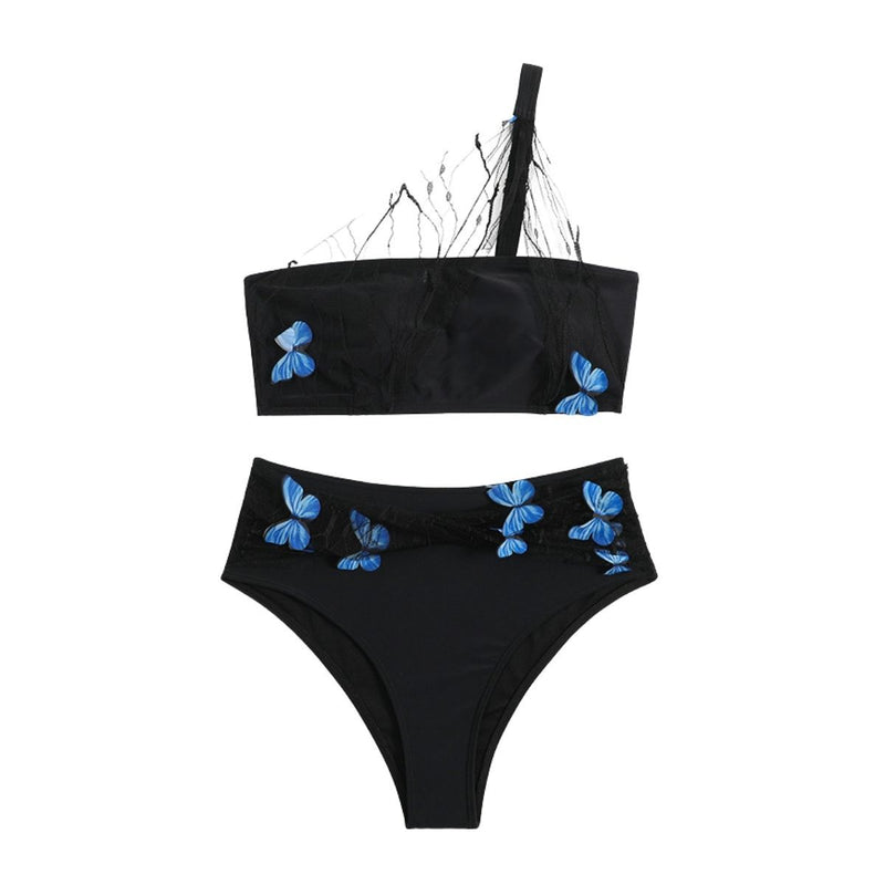 Maillot de bain bikini irrégulier à une épaule avec appliques papillon et ourlet en dentelle 
