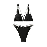 Maillot de bain bikini à nouer avec chaîne en strass et dos nu croisé 