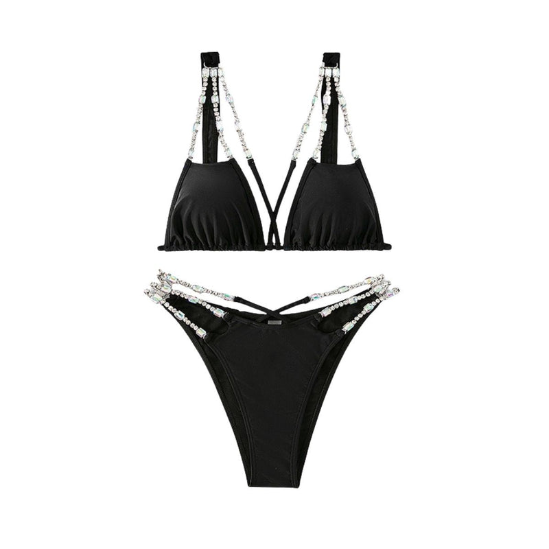 Maillot de bain bikini à nouer avec chaîne en strass et dos nu croisé 