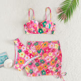 Maillot de bain 3 pièces rembourré contrasté à motif floral et cordon de serrage 