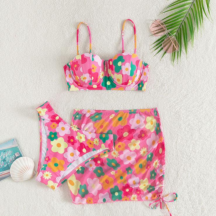 Maillot de bain 3 pièces rembourré contrasté à motif floral et cordon de serrage 