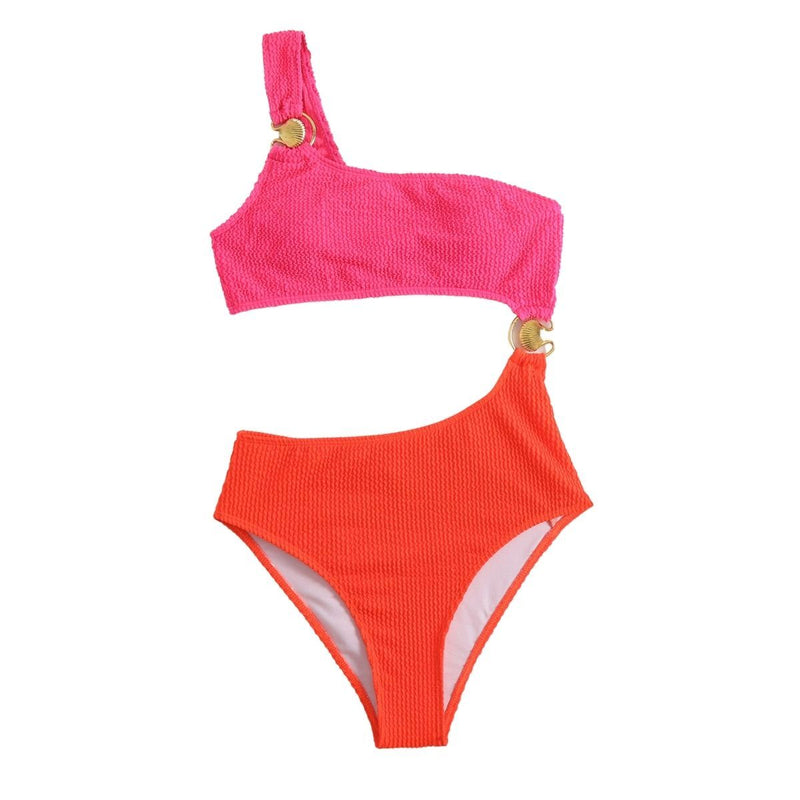 Maillot de bain une pièce texturé contrasté à une épaule et anneau en O ajouré 