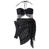 Traje de baño de 3 piezas con lazo autoajustable de malla halter sólida 