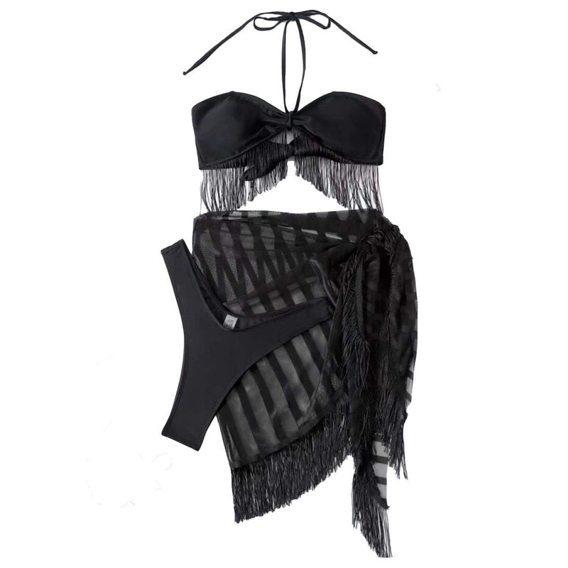 Traje de baño de 3 piezas con lazo autoajustable de malla halter sólida 
