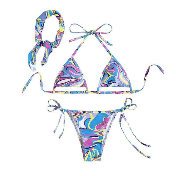 Maillot de bain 3 pièces à imprimé contrasté, dos nu ajouré et noué à la taille 