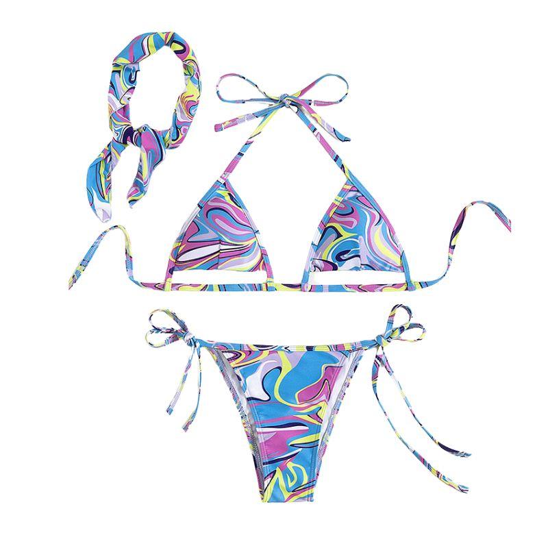 Maillot de bain 3 pièces à imprimé contrasté, dos nu ajouré et noué à la taille 