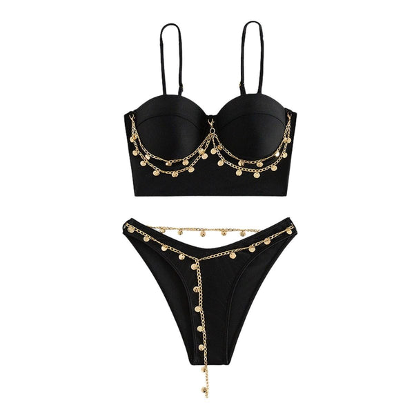 Traje de baño tipo bikini con escote en forma de corazón y relleno de cadena metálica 