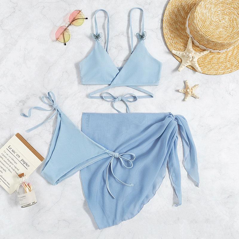Maillot de bain 3 pièces uni à nouer soi-même et appliqué papillon irrégulier 