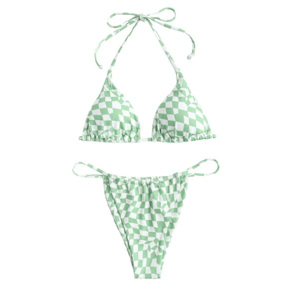 Traje de baño bikini con cuello halter y lazo a cuadros en contraste 