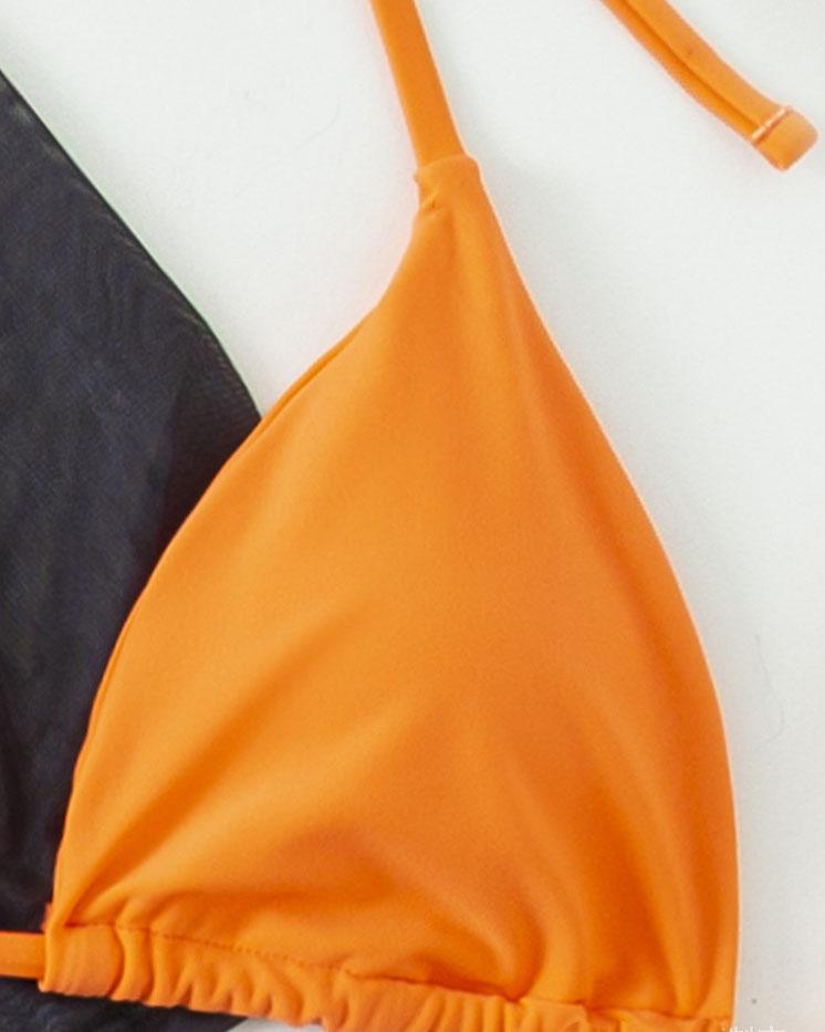Maillot de bain 3 pièces à manches courtes, imprimé contrasté, licou et noué à la taille 