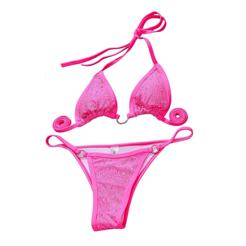 Maillot de bain bikini dos nu à nouer soi-même avec anneau en O et perles 