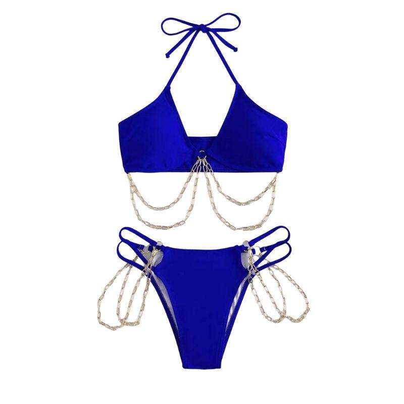 Traje de baño bikini con cuello halter, hueco, acolchado y cadena de metal, con lazo automático 