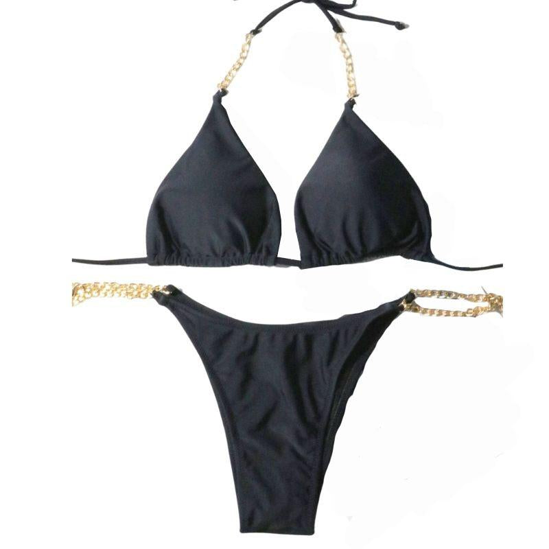Traje de baño bikini con relleno y lazo en la parte delantera, de cadena metálica sólida