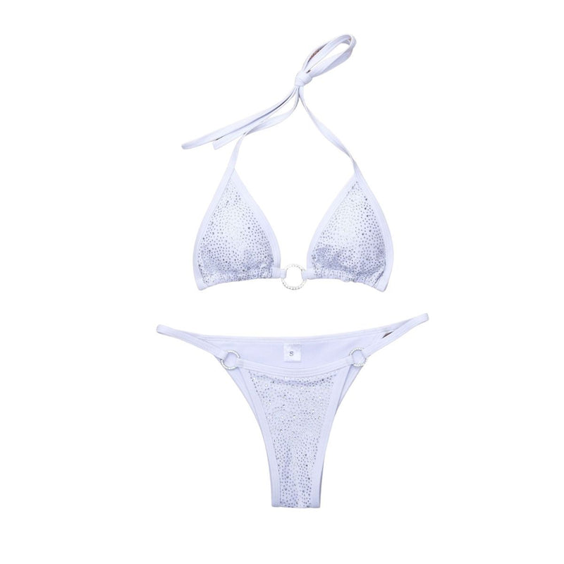 Maillot de bain bikini dos nu à nouer soi-même avec anneau en O et perles 