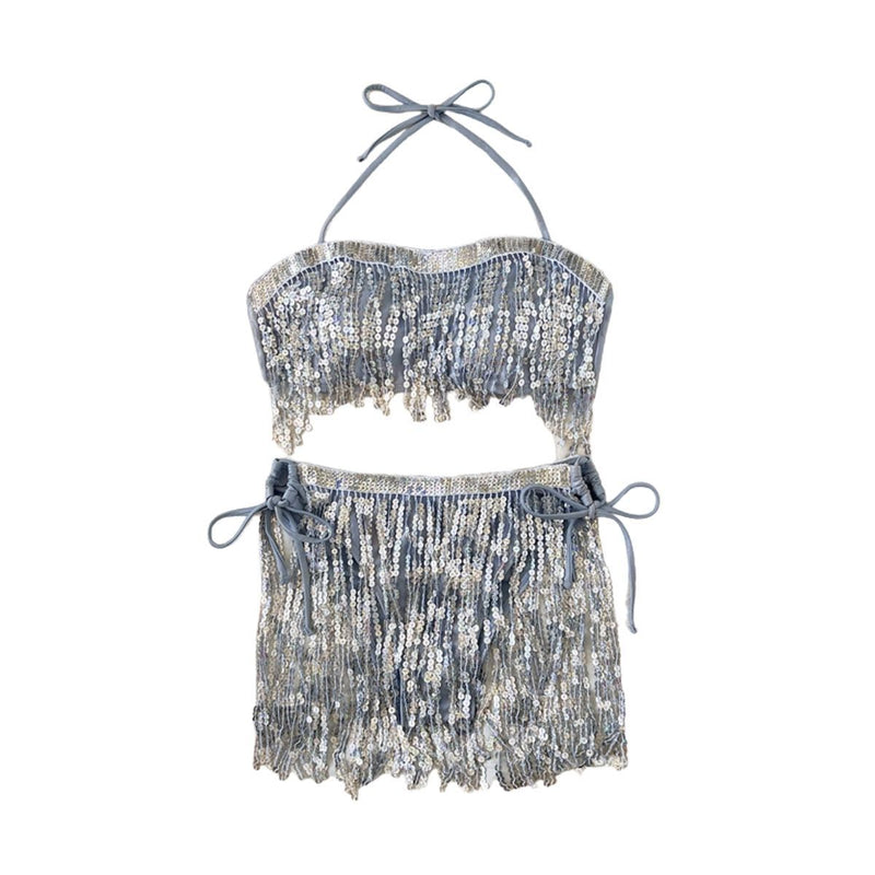 Traje de baño bikini con espalda descubierta, cuello halter, borlas brillantes y lazo en contraste 